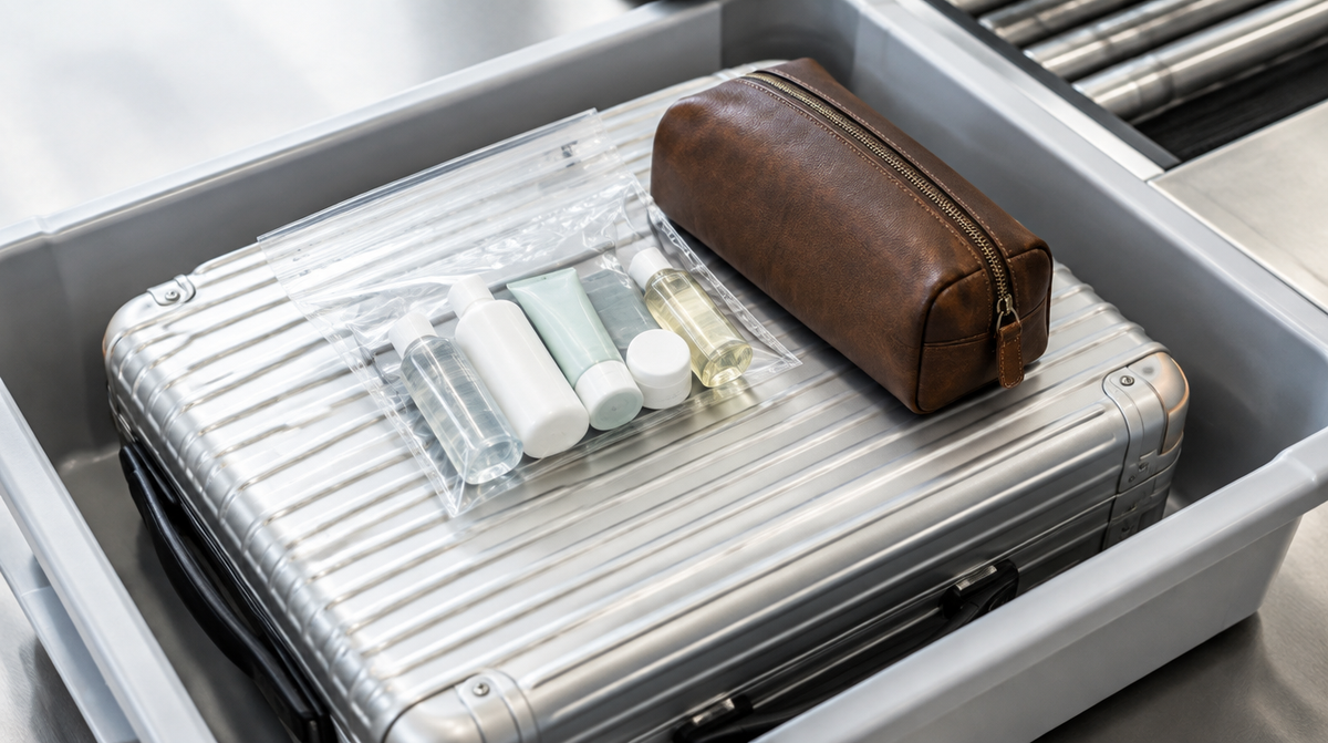 Transparenter Beutel mit Reisegrößen-Flüssigkeiten neben einem Aluminiumkoffer an der Sicherheitskontrolle