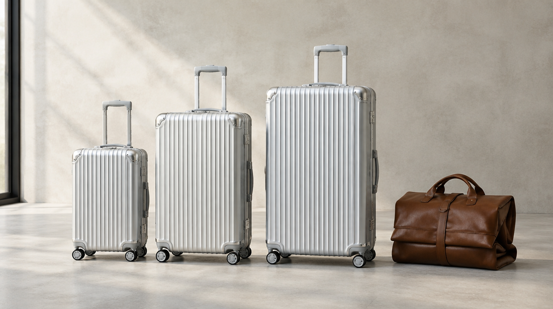 Aluminiumkoffer in verschiedenen Größen neben einer Reisetasche aus Leder