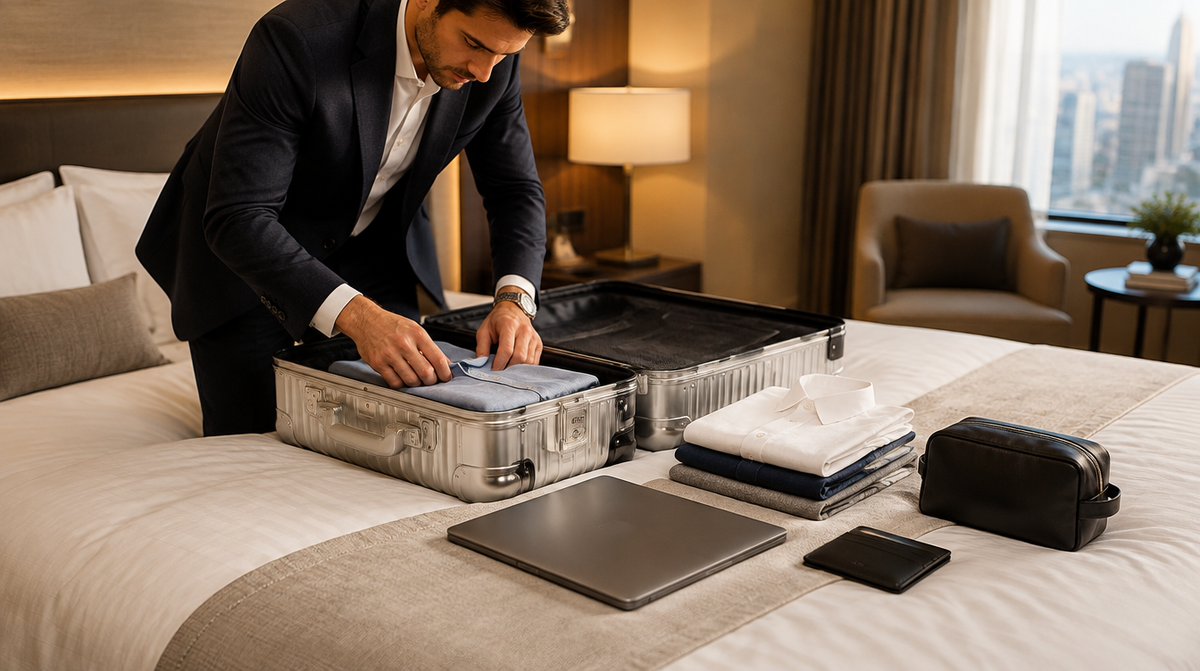 Voyageur d’affaires préparant une valise en aluminium sur un lit d’hôtel, avec des chemises et un ordinateur portable