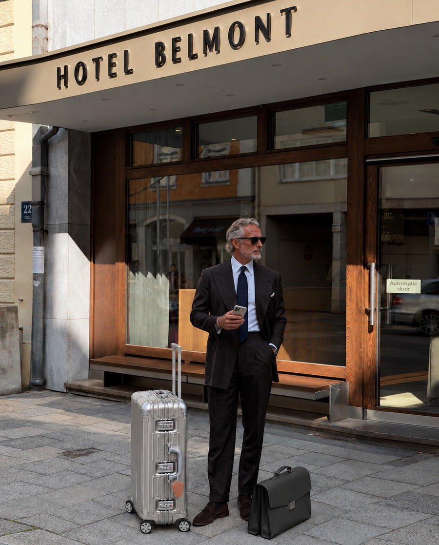 Valigia cabina ALTAIR Original argento davanti a un hotel, viaggiatore in abito